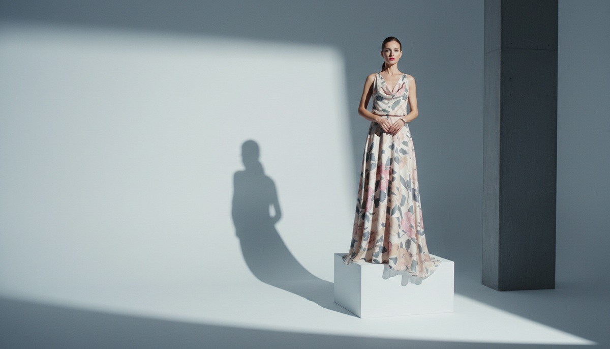 Mujer con vestido largo de estampado floral en un espacio de hormigón con luz natural