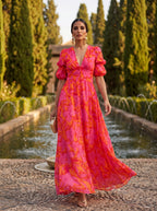 AURORA — Vestido largo fluido en rosa y naranja