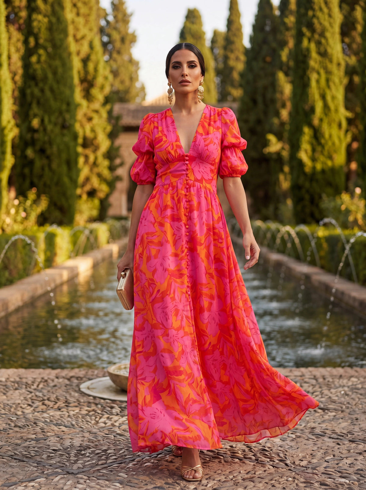 AURORA — Vestido largo fluido en rosa y naranja