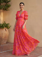 AURORA — Vestido largo fluido en rosa y naranja