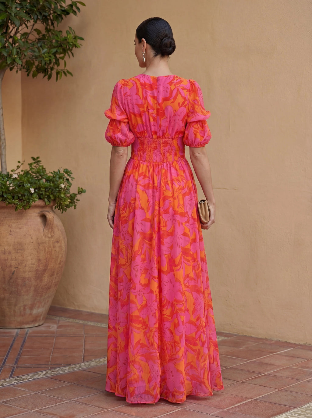 AURORA — Vestido largo fluido en rosa y naranja